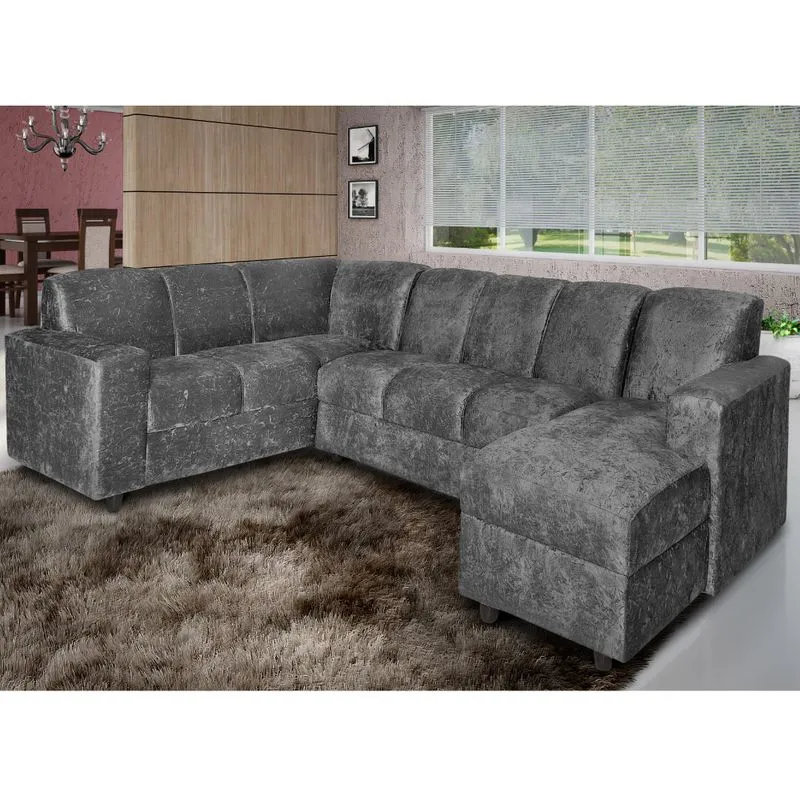 Sofá de Canto 3x2 Lugares Europa com Chaise - Suede Amassado Cinza - Sofá de Canto 3x2 Lugares Europa com Chaise - Suede Amassado Cinza
