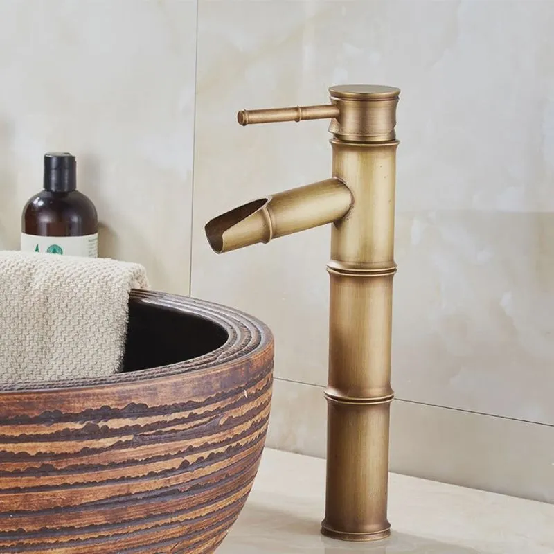 Torneira De Lavatório, Estilo Bambu De Latão Antigo Pia De Bronze Vintage, Alça Única Água Quente E Fria A