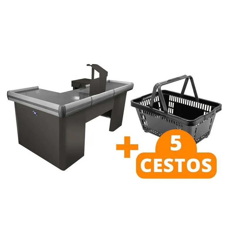 Kit - Caixa Supermercado Empacotador Check-out 2m Recorte + 5 Cestos de Compras Preto