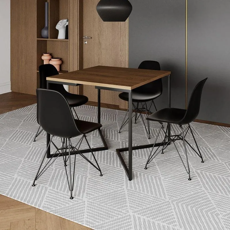Mesa Jantar Industrial Quadrada 90cm Amêndoa Base V Com 4 Cadeiras Pretas Ferro Preto Cor: Amendoa