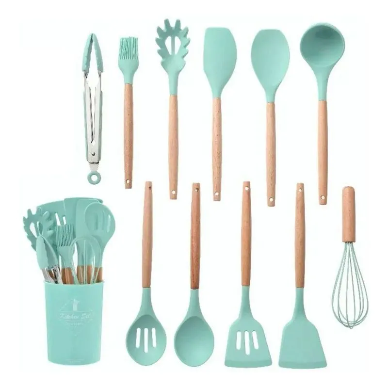 Kit Utensílios De Cozinha Silicone Com Cabo De Madeira 12 Peças Verde Aquilae