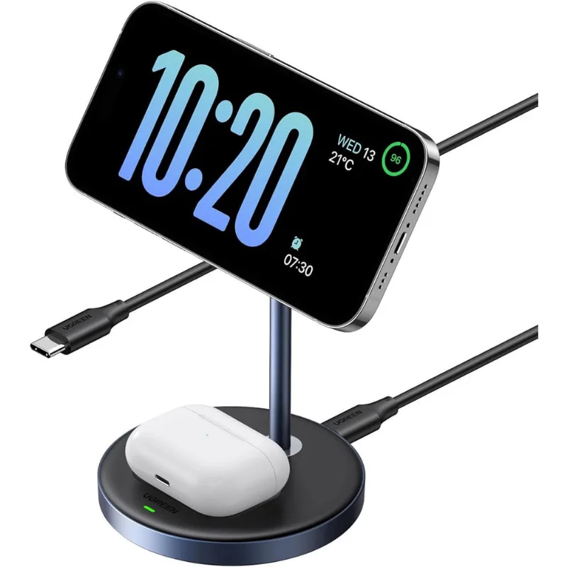 Suporte Carregador ugreen magnético sem fio Magsafe ( 2 em 1 ) estação indução com cabo usb-c Compatível iPhone 15 / 15 Plus / 15 Pro / 15 Pro Max / 14 / 13 / 12 AirPods 3 / 2 / Pro Galaxy Buds série
