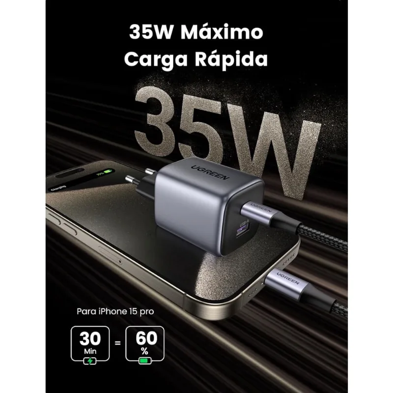 Carregador rápido ugreen Nexode 35W GaN USB + USB C Compatível 33W 30W 25W 20W iPhone 15 Plus Pro Max 14 13 12 11 xr se iPad MacBook M2 M1 Galaxy S24 Ultra S23 S22 S21 S20 fe Pixel 8 7 6 6a Steam Deck