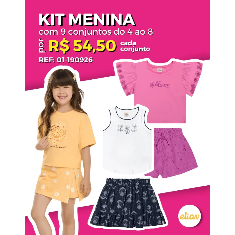 Kit 9 Conjuntos de Blusa/Regata e Shorts/Saia/Shorts Saia Verão Atacado Revenda Infantil Menina Elian 4/8 - 01-190926-ST-F