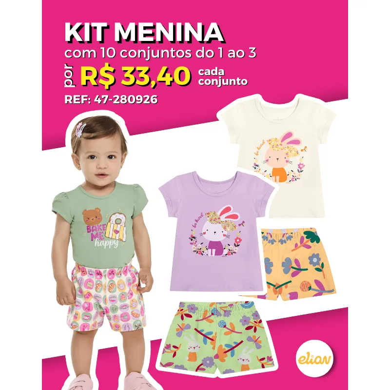 Kit 10 Conjuntos de Blusa e Shorts Verão Atacado Revenda Infantil Menina Elian 1/3 - 47-280926-ST-F
