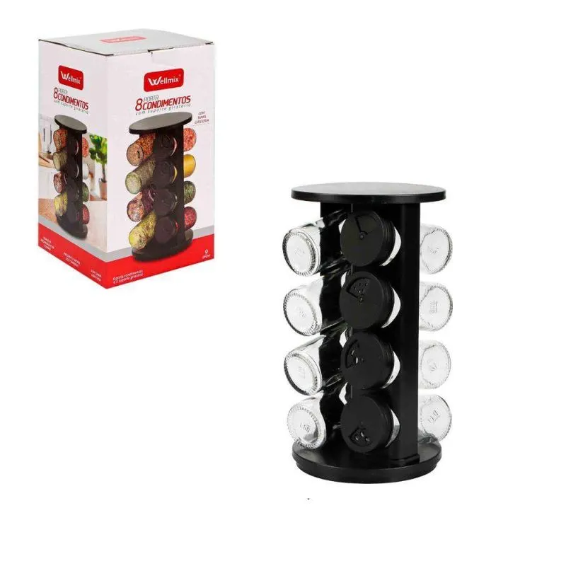 Porta Condimentos Giratório Plástico Preto Com 08 Potes 80ml