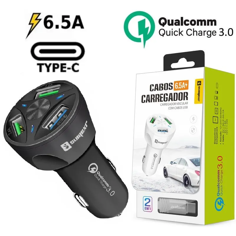 Carregador Veicular Turbo Tipo C Preto Sumexr Para Celular Samsung S8, S8 Plus, S9, S9 Plus
