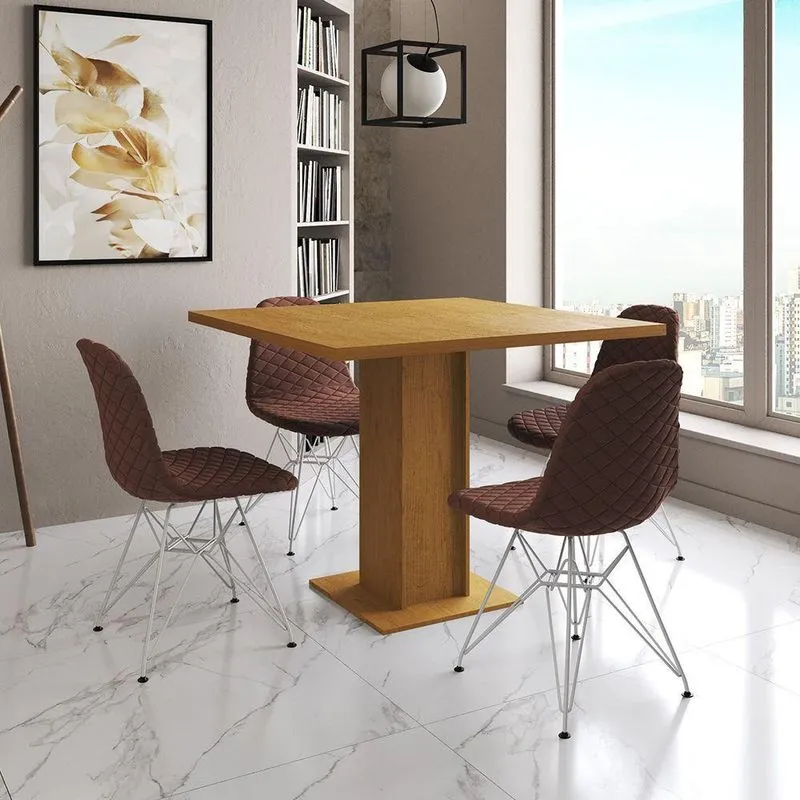 Mesa Jantar Londres Quadrada Canela 90Cm 4 Cadeiras Eames Estofadas Caramelo Ferro Branco