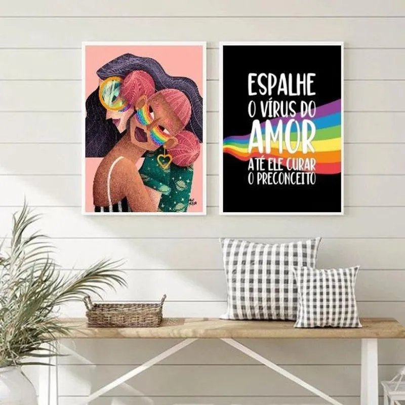 Kit 2 Quadros lgbt Lésbicas Amor 33x24cm - Vidro e Moldura Branca