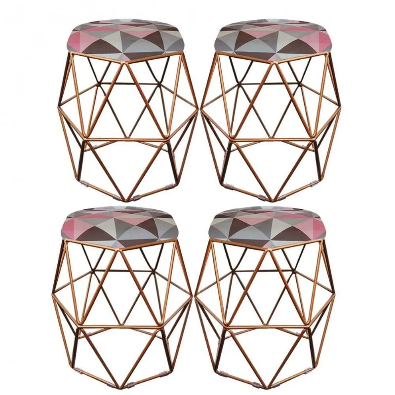 Kit 04 Puff Banqueta Aramado Luna Hexágono Base Bronze Triângulo Rose