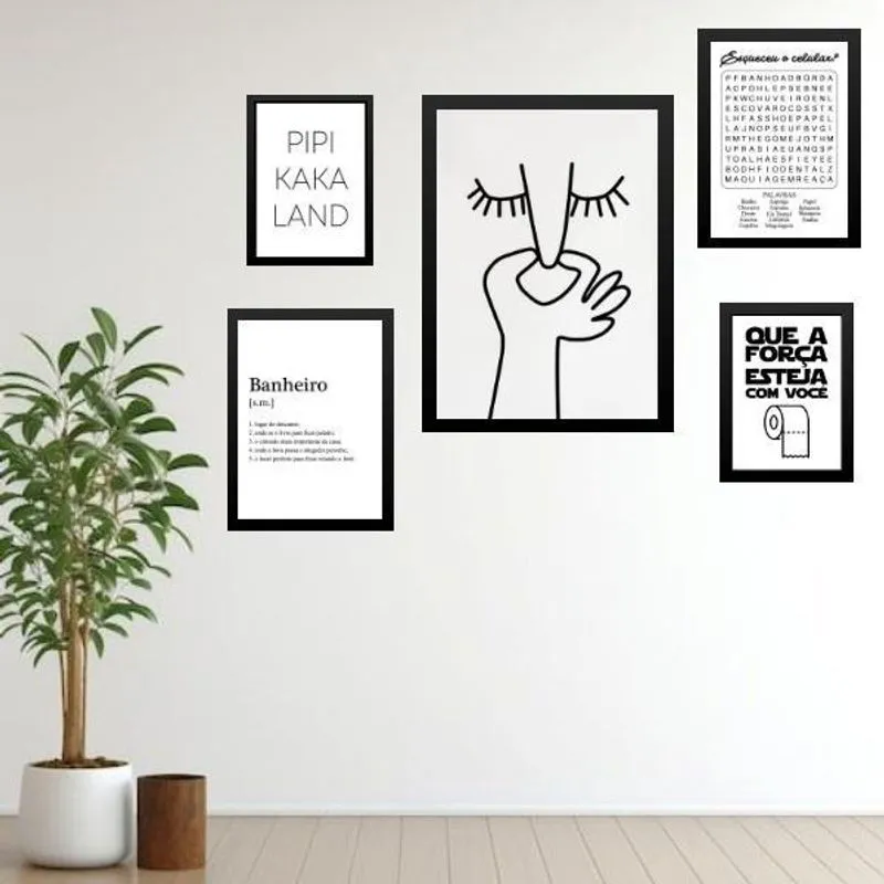 Kit 5 Quadros Para Banheiro Frases Divertidas - Com Vidro