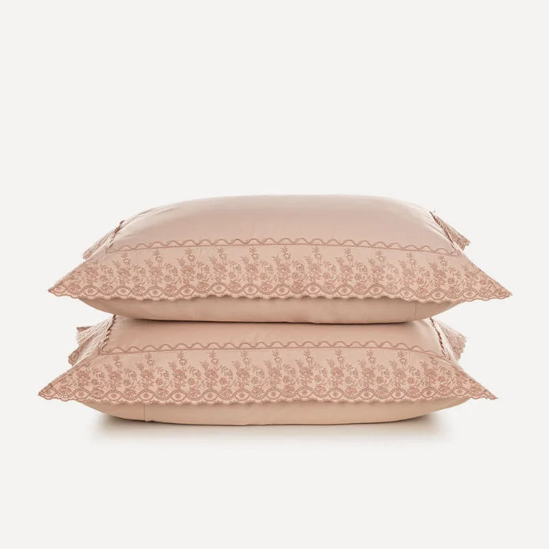 Fronha 2 Peças 200 Fios Bordado 100% Algodão Antônia Rosa/Rosa