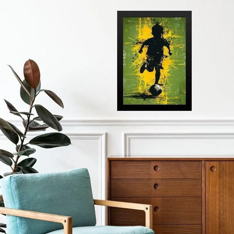 Quadro Arte Criança Jogando Futebol 33X24Cm - Com Vidro