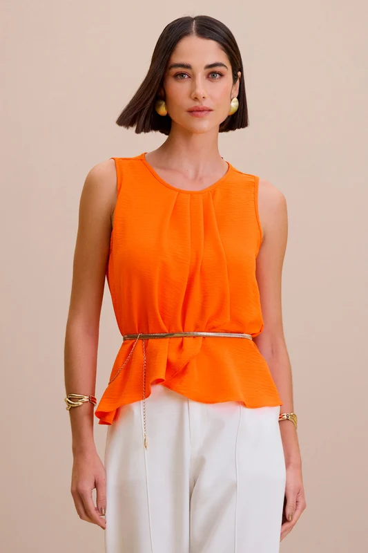 Blusa Sem Mangas Lisa Com Babados Laranja Vibrante / M / Feminino