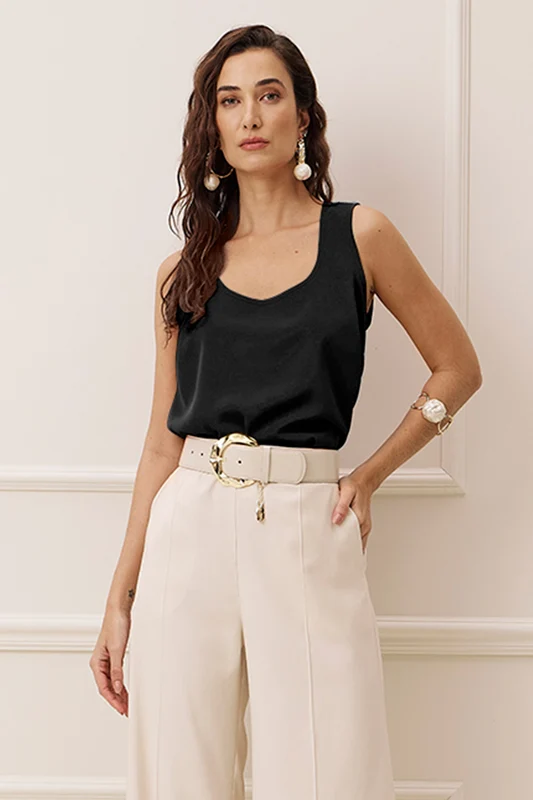 Blusa Sem Mangas Lisa Com Decote Quadrado Preto / G / Feminino