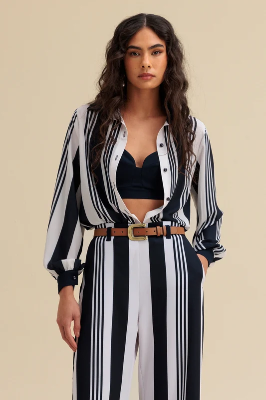 Camisa Mangas Longas Estampada Maxi Listras L0655 Mares 01 / Oceano / G / Feminino