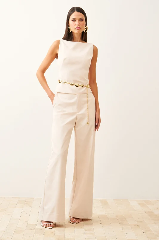 Calça Wide Lisa Com Bolsos Faca Creme / PP / Feminino