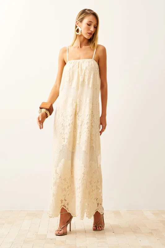 Vestido Longo Barrado Com Alças Creme / PP / Feminino