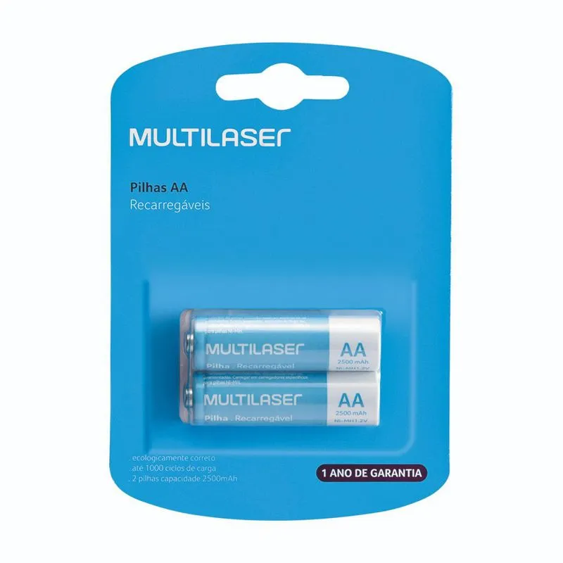 Cartela 2 Pilhas Para Recarga Aa 2500mah Cb053 Multilaser