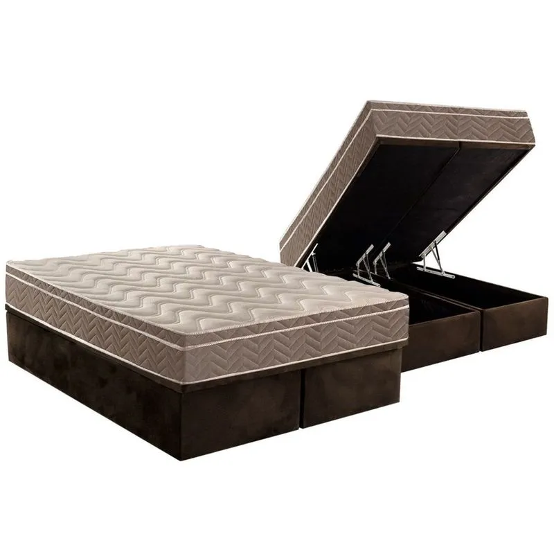 Cama Box Baú Queen: Colchão Espuma D33 Paropas / ep Confort Ultra Firme + Base crc Suede Brown(158x198)