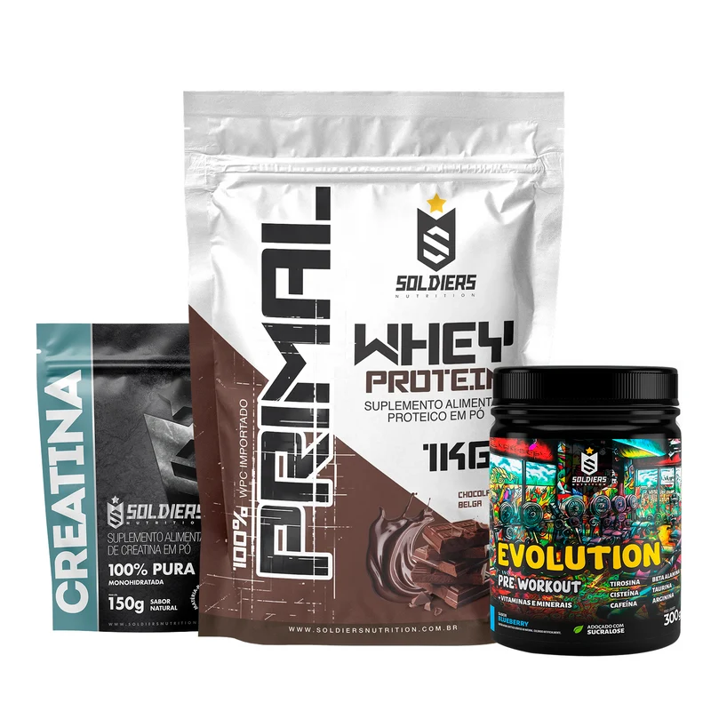 Kit Whey Primal 1Kg + Creatina 300g + Pré Treino Evolution 300g CHOCOLATE BELGA / Melancia