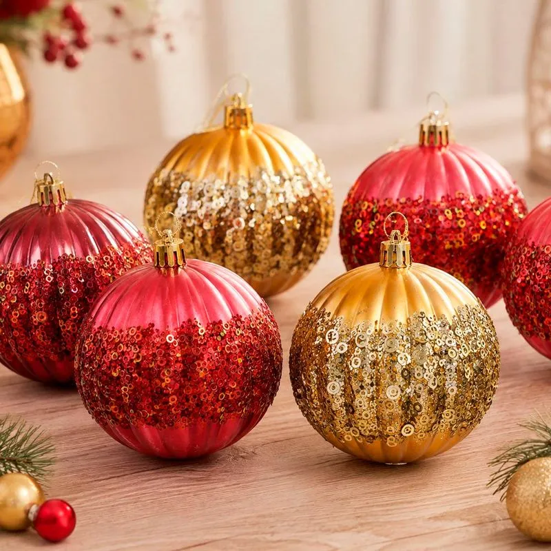 Bola Dourada Vermelha Enfeite Árvore De Natal 8cm Kit 12pçs