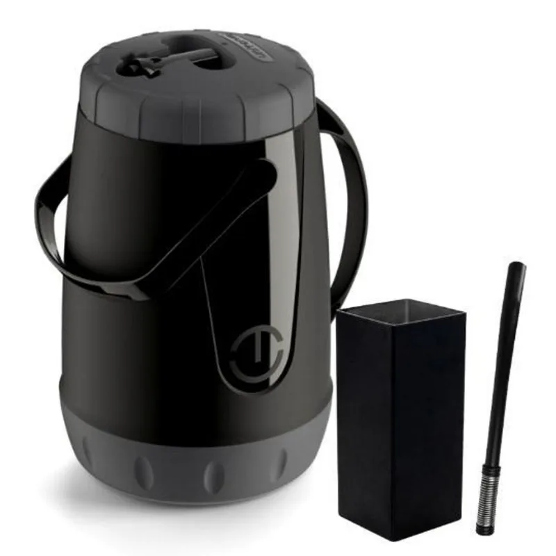 Kit Garrafa 2,5l + Cuia Inox Preta + Bomba Inox Mola Externa