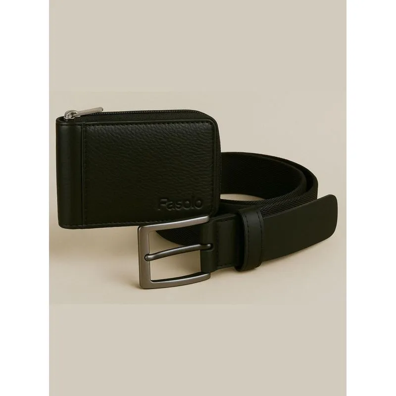 Kit Masculino Fasolo Carteira Zíper E Cinto Couro Preto 120