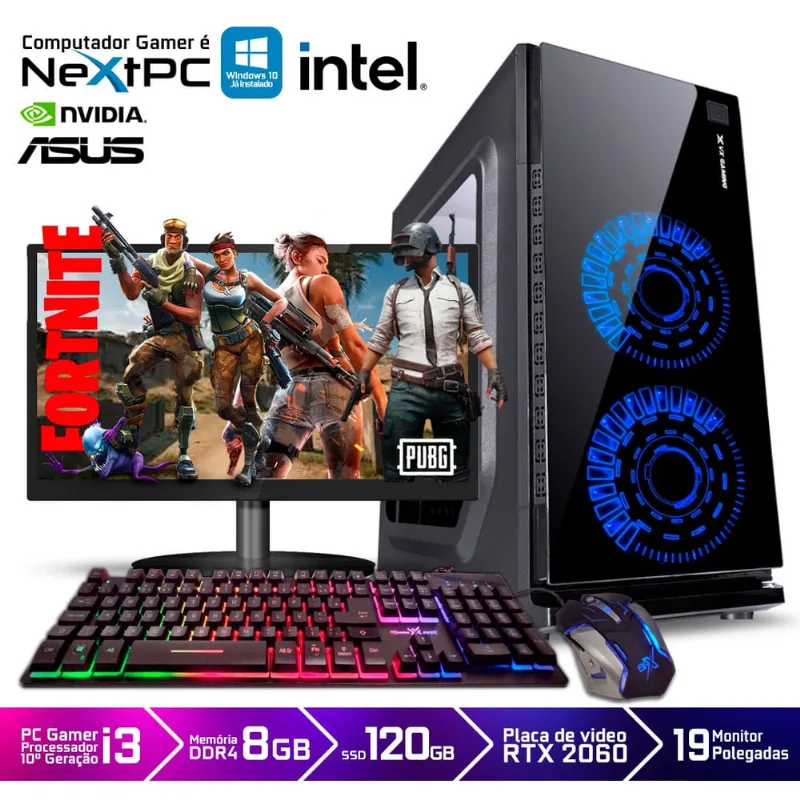 Computador Intel Core i3-10100F 10º Geração 8GB de Memória ssd 120GB rtx 2060 6GB gddr vx Crater Monitor Mouse Teclado GTA5 cod Warzone Fortnite Cyberpunk 2077