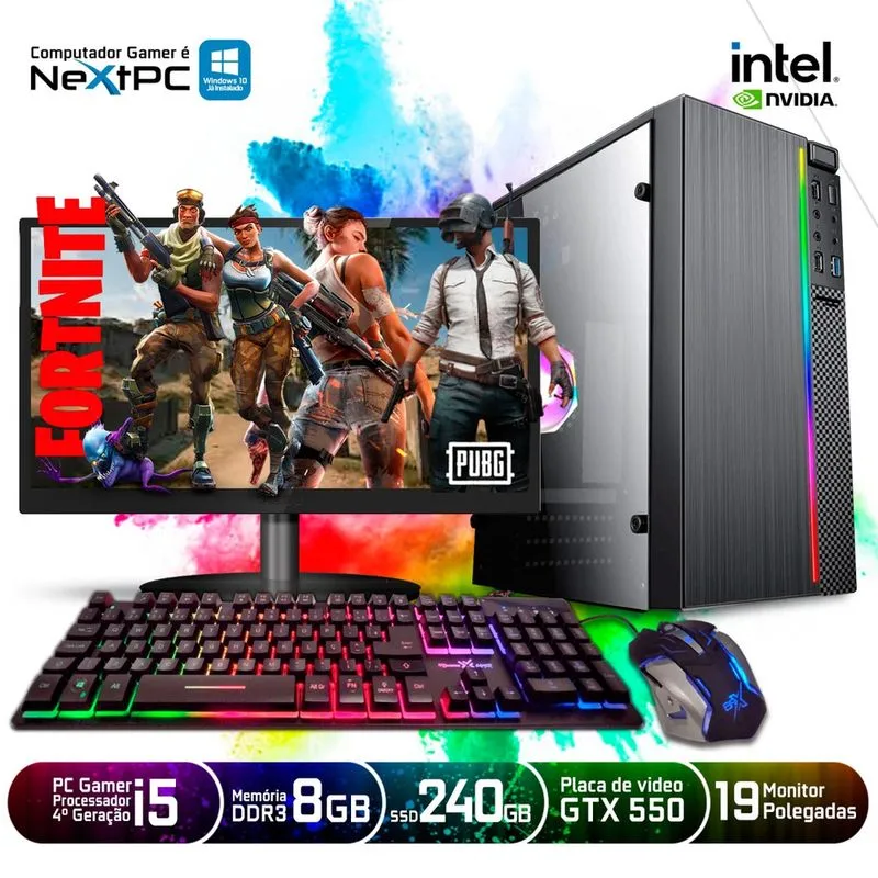 Computador pc Gamer Intel Core i5 4º Geração 8GB ssd 240GB Placa de Vídeo gtx 550Ti Monitor Teclado e Mouse pubg Fortnite cs: go Free Fire