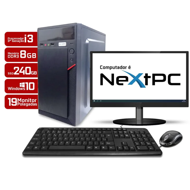 Computador cpu Intel Core i3 3º Geração 8GB de Memória ssd 240GB Kit Monitor 19 Polegadas Mouse e Teclado