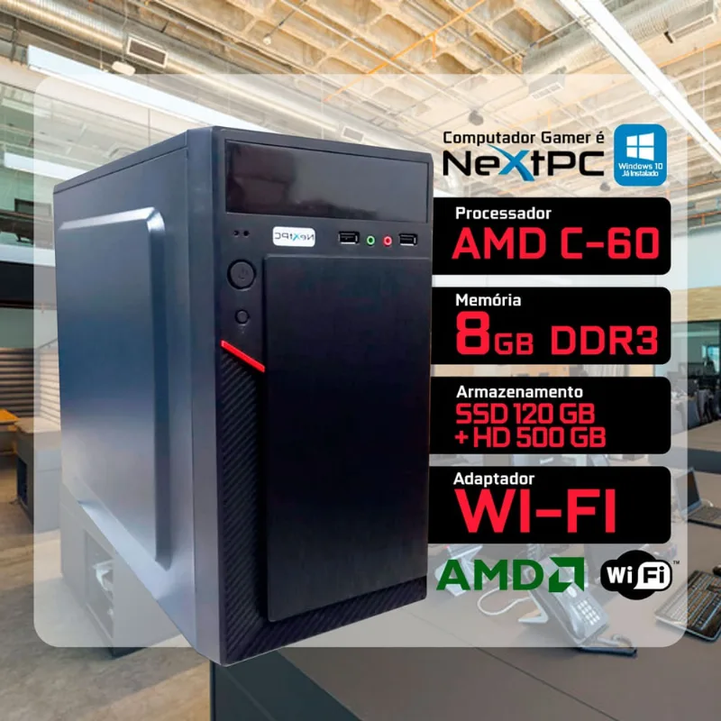 Computador pc Processador amd C-60 8GB de Memória ssd 120GB + HD 500GB Adaptador Wi-fi
