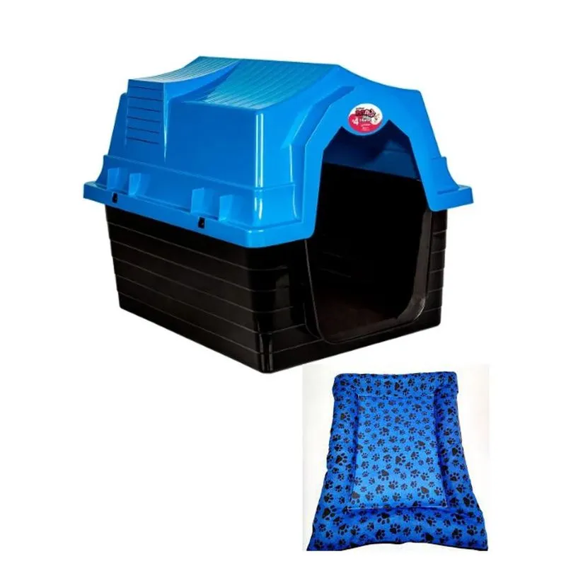 Casa Em Plástico Para Cachorros N4 Azul Com Colchão De Brinde