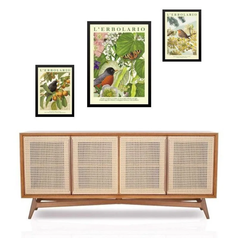 Set 3 Quadros Pássaros Flores E Frutas - Com Vidro