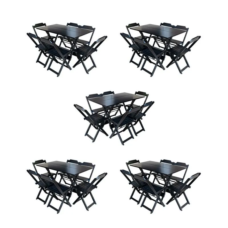 Kit 5 Jogos de Mesa Dobravel com 6 Cadeiras de Madeira 120x70 para Restaurante e Bar - Preto