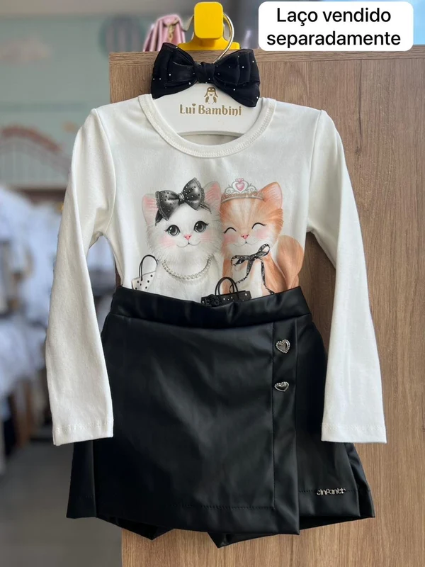 CONJUNTO BLUSA MANGA LONGA GATINHO STRASS E SHORT SAIA COURINO MENINA INFANTI OFF/PRETO / 8