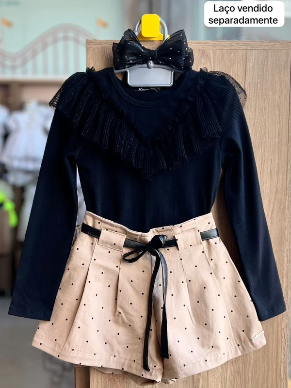 CONJUNTO BLUSA MANGA LONGA BABADO GOLA TULE POA E SHORT CINTO MENINA INFANTI PRETO/BEGE / 8