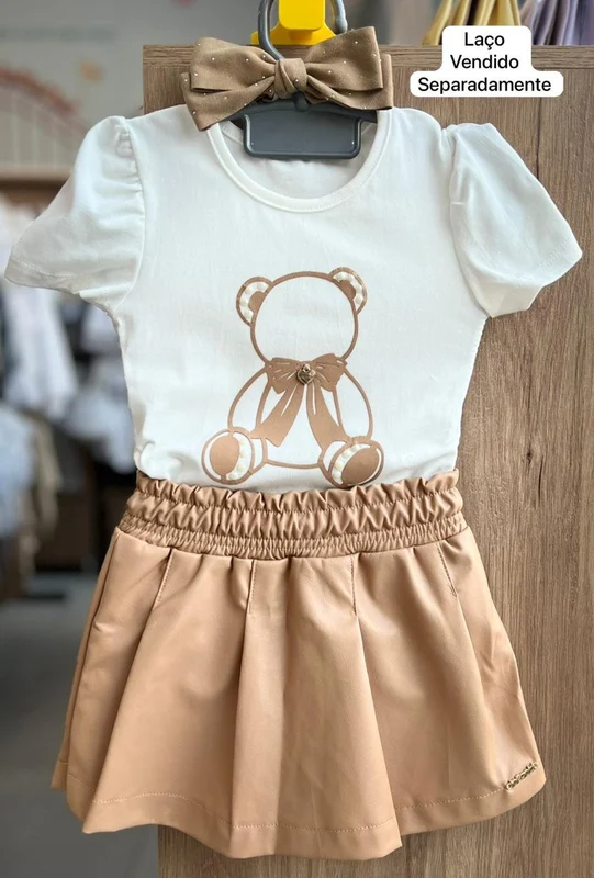 CONJUNTO BLUSA MANGA CURTA URSO PÉROLAS E SHORT SAIA COURINO MENINA INFANTI OFF/BEGE / 4