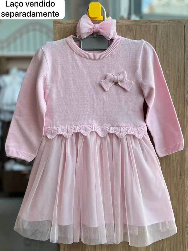 VESTIDO MANGA LONGA TRICOT TRICO LAÇO BABADO TULE MENINA INFANTI Rosa / 1