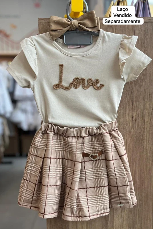 CONJUNTO BLUSA MANGA CURTA BABADO LOVE PELUCIADOE SHORT SAIA MENINA KUKIÊ BEGE CLARO / 8