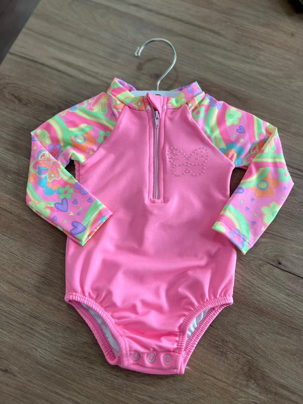 MAIÔ MANGA LONGA FLORAL BORBOLETA STRASS COM ZÍPER UV50+ MENINA KUKIE Rosa / 3