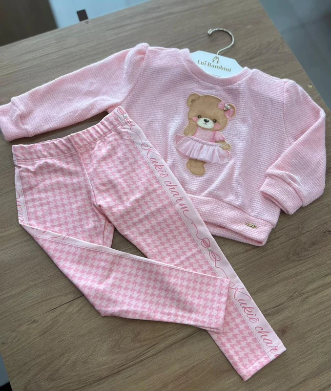 CONJUNTO BLUSÃO MANGA LONGA TRICO TRICOT URSO PÉROLAS TULE E CALÇA LEGGING MENINA KUKIÊ Rosa / 1