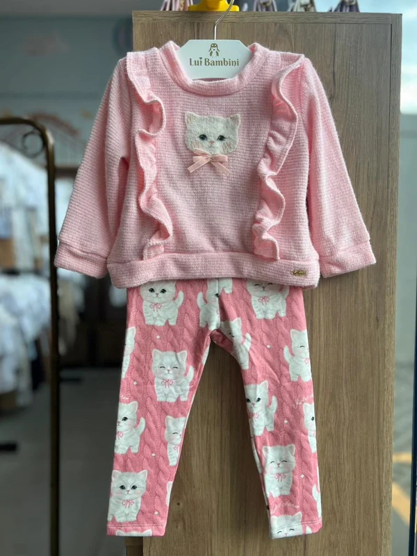 CONJUNTO BLUSÃO MANGA LONGA TRICO TRICOT GATINHO STRASS AVELUDADO E CALÇA LEGGING MENINA KUKIÊ ROSA CLARO / 6-9M