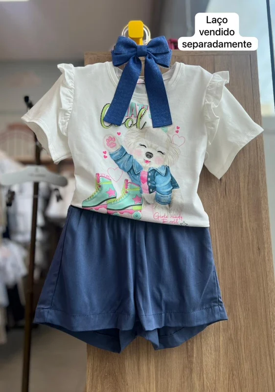 CONJUNTO BLUSA MANGA CURTA BABADO CACHORRO THAT'S COOL E SHORT MENINA KUKIÊ OFF/AZUL / 12