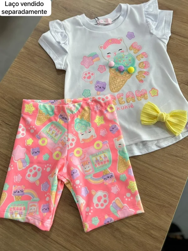 CONJUNTO BLUSA MANGA CURTA BABADO GATINHA ICE CREAM SORVETE E SHORT LEGGING MENINA KUKIÊ BRANCO/ROSA / 6
