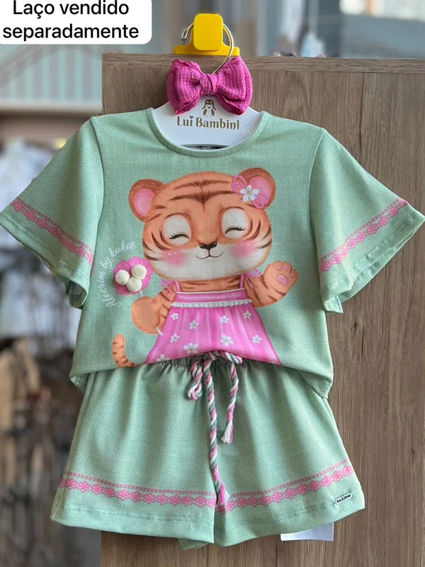 CONJUNTO BLUSA MANGA CURTA TIGRE FLOR E SHORT MENINA KUKIÊ Verde / 12