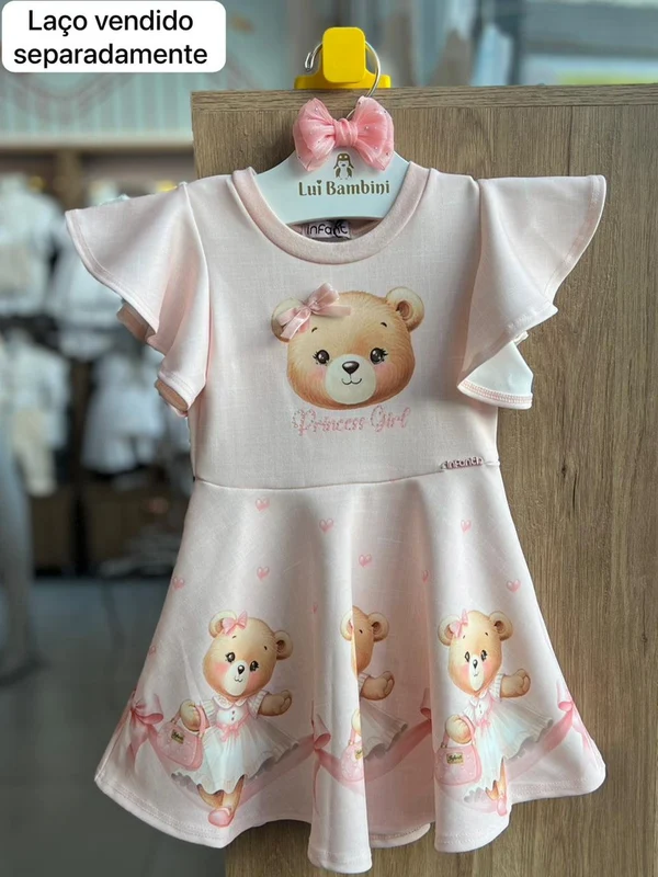VESTIDO MANGA CURTA BABADO FLY TECH PRINCESS GIRL URSO LAÇO MENINA INFANTI ROSA CLARO / 1