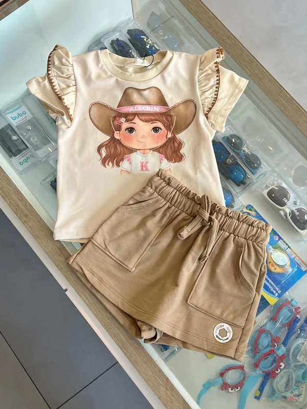 CONJUNTO BLUSA MANGA CURTA BORDADO COM SHORT SAIA PEQUENA BOIADEIRA MENINA KUKIE BEGE/MARROM / 8