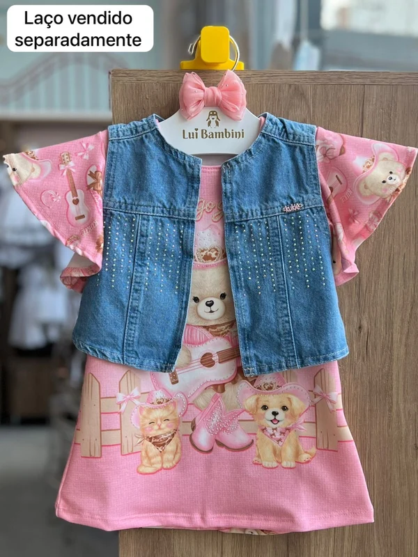 VESTIDO MANGA CURTA BABADO URSO BOIADEIRA E COLETE REGATA JEAN STRASS MENINA KUKIÊ JEANS/ROSA / 4