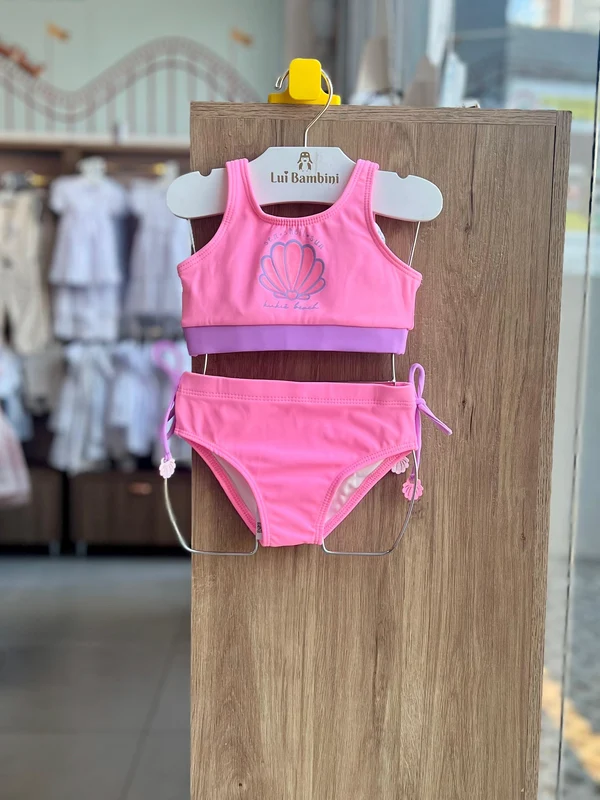 CONJUNTO BIQUINI TOP REGATA COM CALCINHA CONCHAS GLITTER UV50+ MENINA KUKIE ROSA NEON / 6